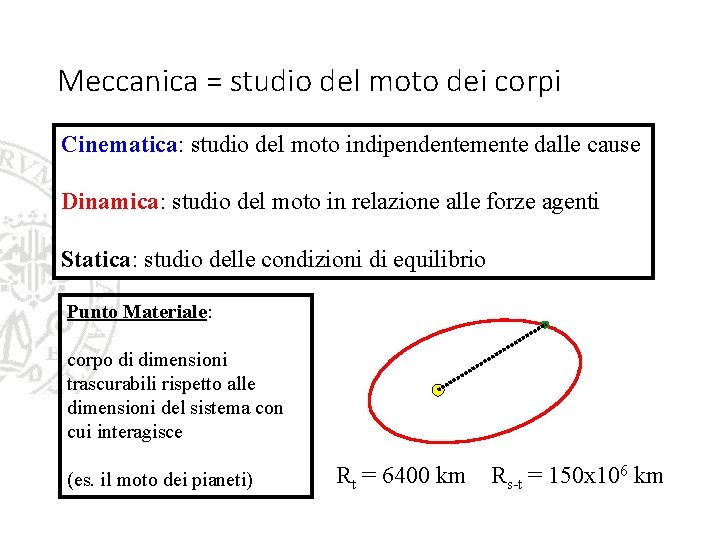 Meccanica = studio del moto dei corpi Cinematica: studio del moto indipendentemente dalle cause