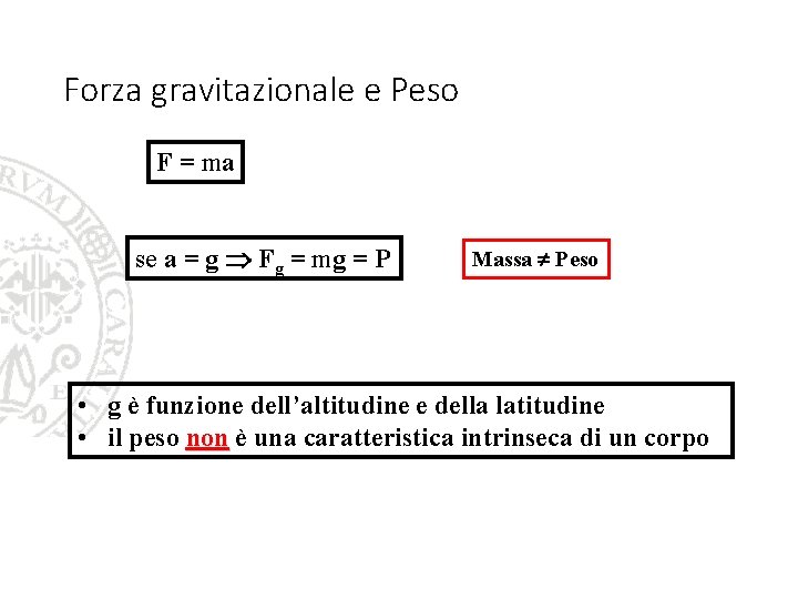 Forza gravitazionale e Peso F = ma se a = g Fg = mg