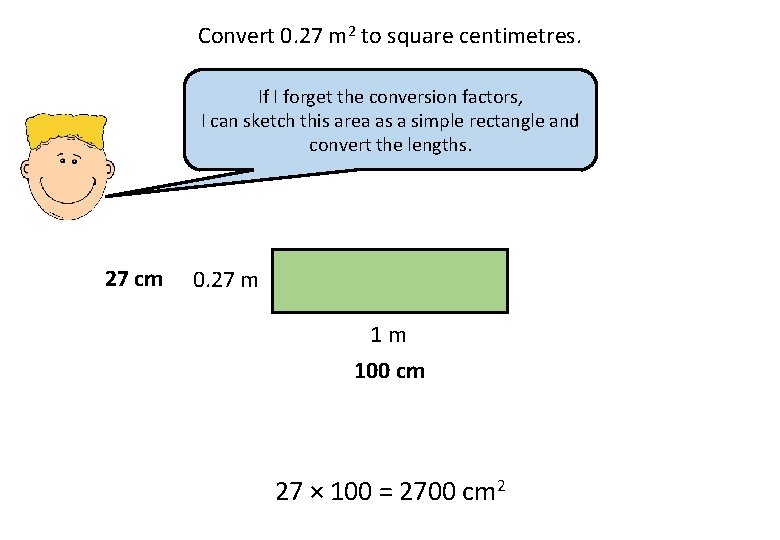 Convert 0. 27 m 2 to square centimetres. If I forget the conversion factors,