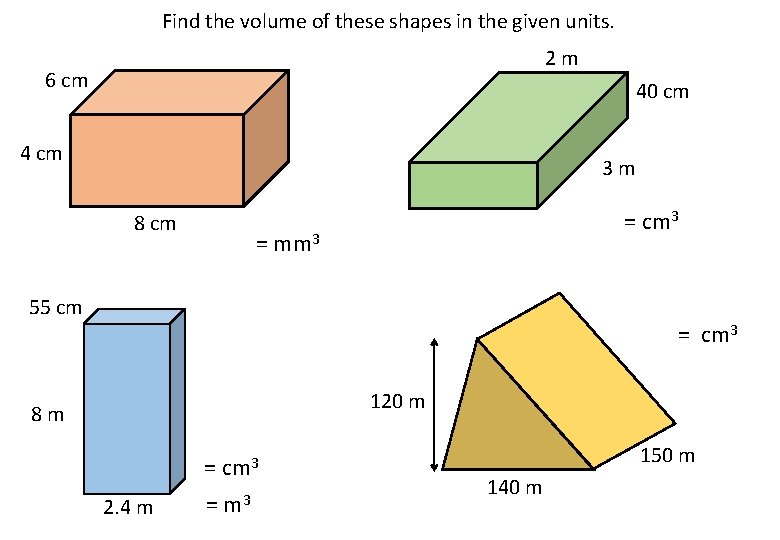 Find the volume of these shapes in the given units. 2 m 6 cm