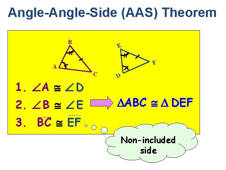 Angle-Side (AAS) Theorem B E F A C 1. A D 2. B E