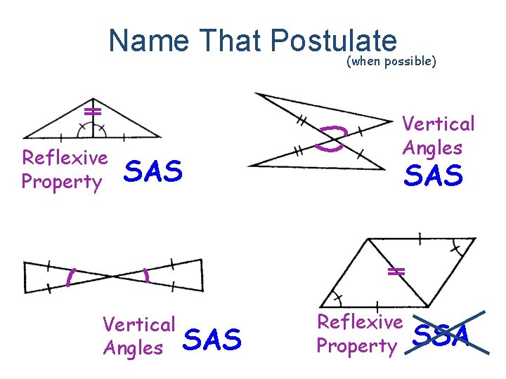 Name That Postulate (when possible) Reflexive Property SAS Vertical Angles SAS Reflexive Property SSA