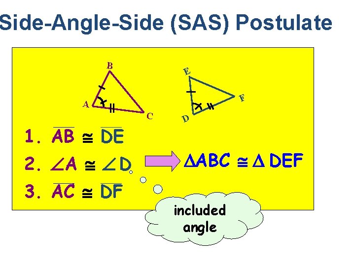Side-Angle-Side (SAS) Postulate B E F A C 1. AB DE 2. A D