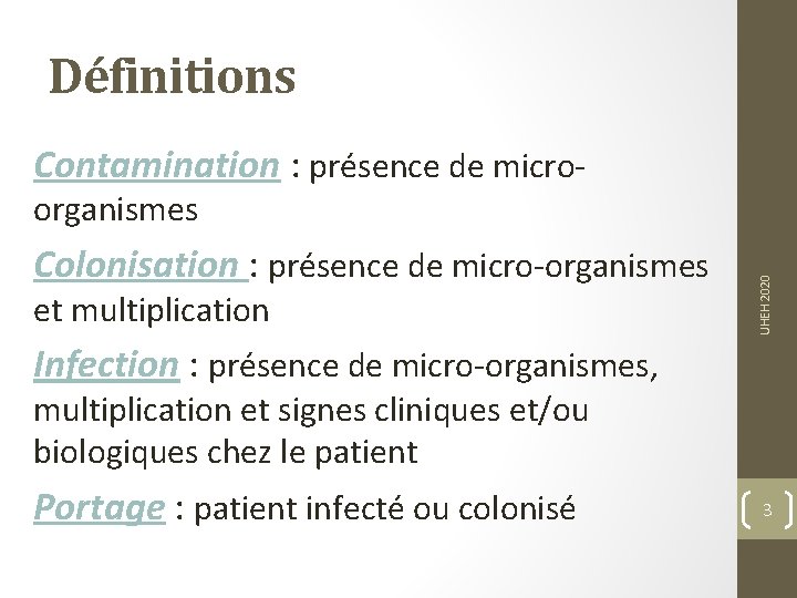 Définitions Contamination : présence de micro. Colonisation : présence de micro-organismes et multiplication UHEH