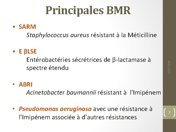 Principales BMR • E βLSE Entérobactéries sécrétrices de β-lactamase à spectre étendu UHEH 2020