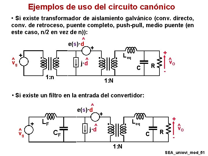 Ejemplos de uso del circuito canónico • Si existe transformador de aislamiento galvánico (conv. Ejemplos de uso del circuito canónico • Si existe transformador de aislamiento galvánico (conv.
