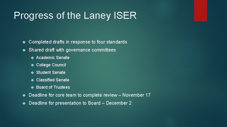 Progress of the Laney ISER Completed drafts in response to four standards Shared draft
