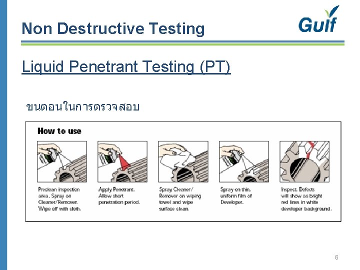 Non Destructive Testing Liquid Penetrant Testing (PT) ขนตอนในการตรวจสอบ 6 