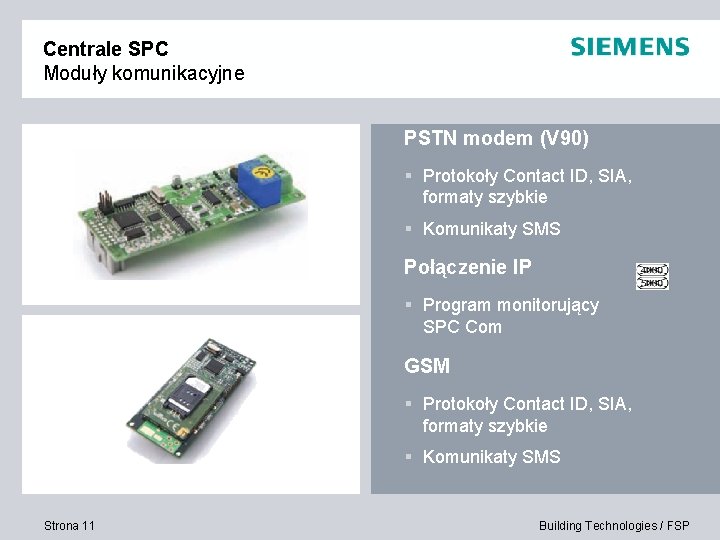 Centrale SPC Moduły komunikacyjne PSTN modem (V 90) § Protokoły Contact ID, SIA, formaty