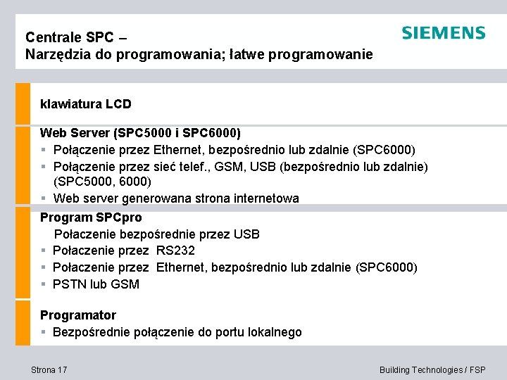 Centrale SPC – Narzędzia do programowania; łatwe programowanie klawiatura LCD Web Server (SPC 5000