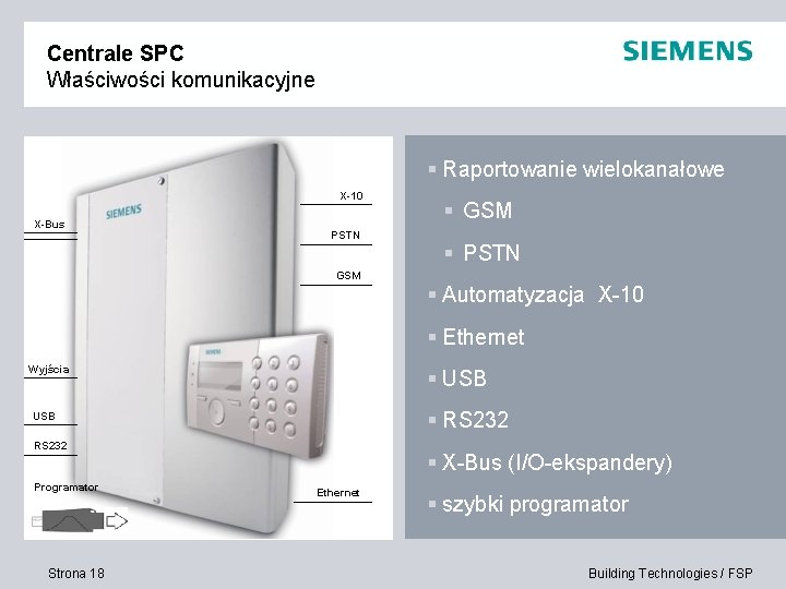 Centrale SPC Właściwości komunikacyjne § Raportowanie wielokanałowe X-10 X-Bus PSTN § GSM § PSTN