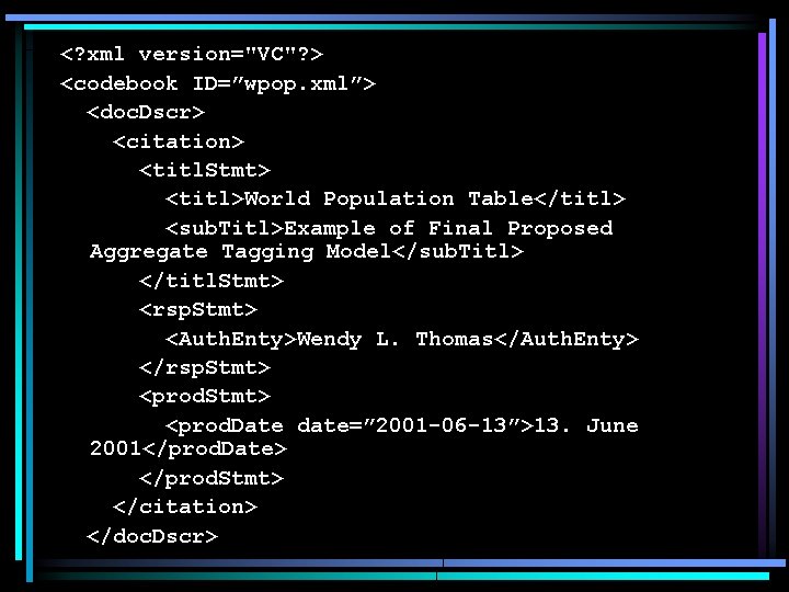 <? xml version="VC"? > <codebook ID=”wpop. xml”> <doc. Dscr> <citation> <titl. Stmt> <titl>World Population