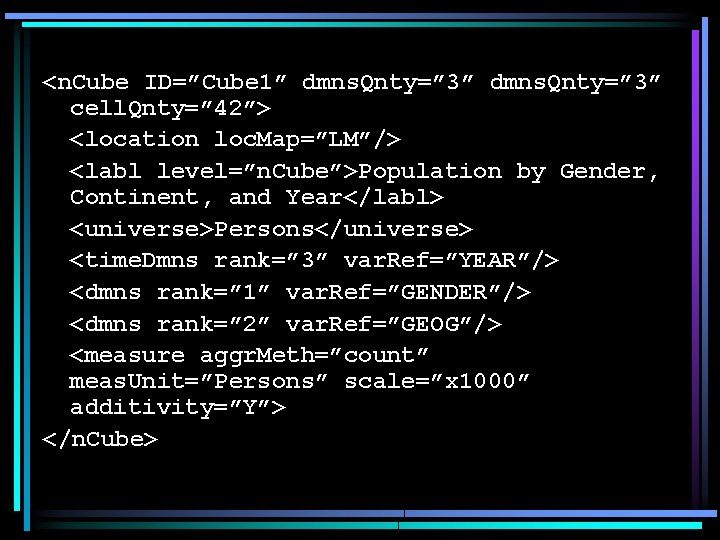 <n. Cube ID=”Cube 1” dmns. Qnty=” 3” cell. Qnty=” 42”> <location loc. Map=”LM”/> <labl