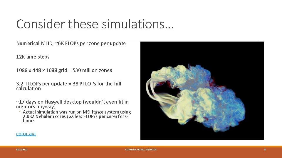 Consider these simulations… Numerical MHD, ~6 K FLOPs per zone per update 12 K