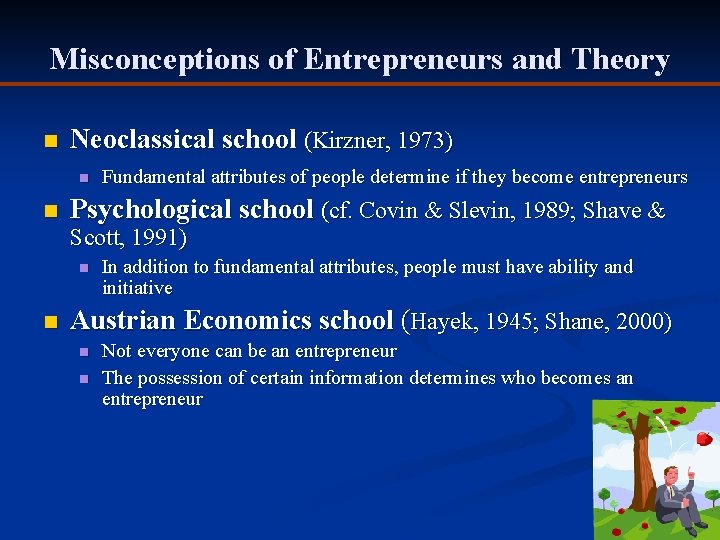 Misconceptions of Entrepreneurs and Theory n Neoclassical school (Kirzner, 1973) n n Fundamental attributes