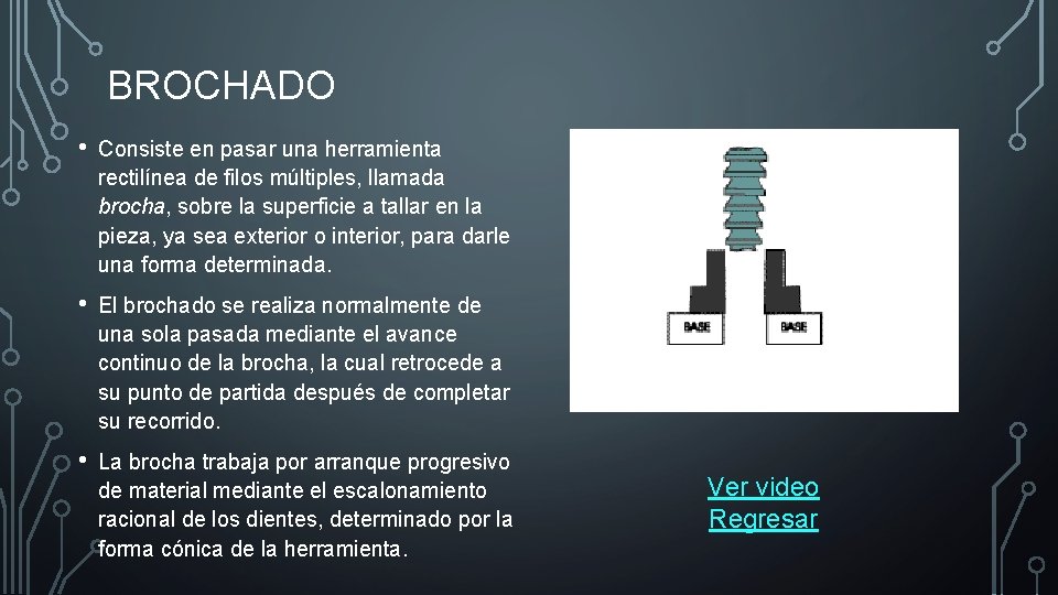 BROCHADO • Consiste en pasar una herramienta rectilínea de filos múltiples, llamada brocha, sobre