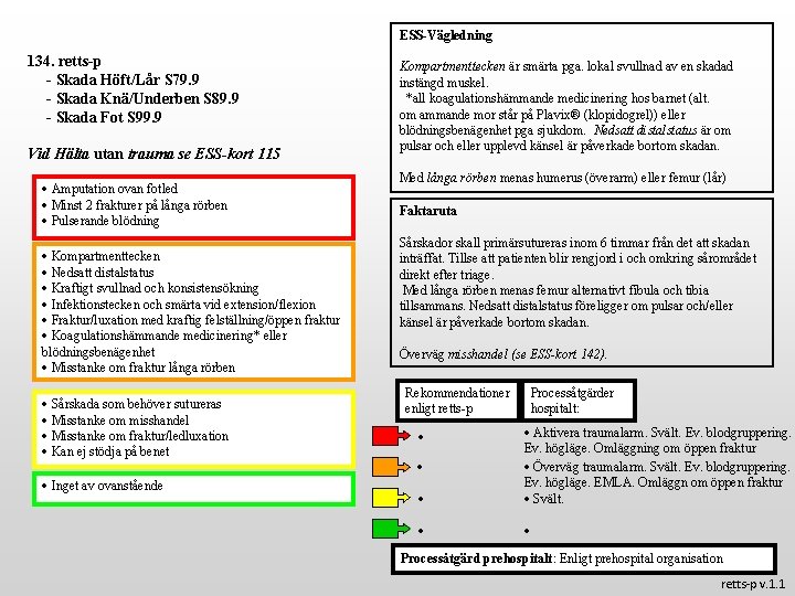 ESS-Vägledning 134. retts-p - Skada Höft/Lår S 79. 9 - Skada Knä/Underben S 89.