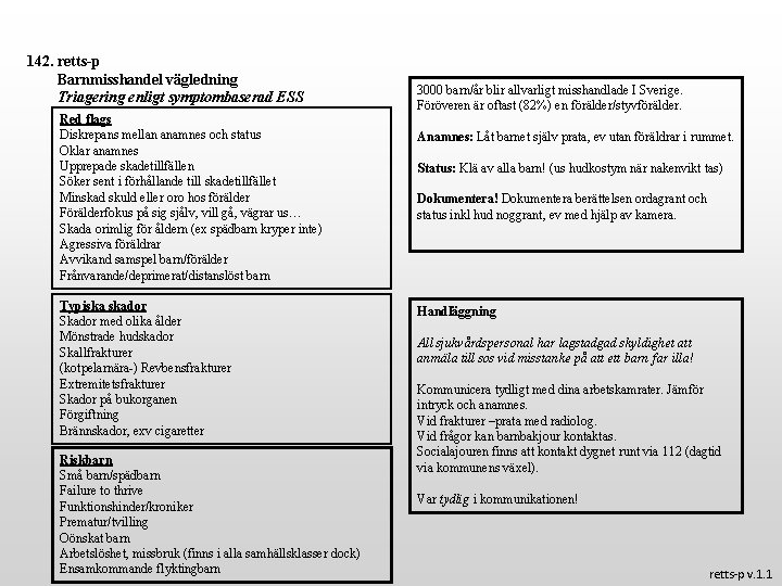 142. retts-p Barnmisshandel vägledning Triagering enligt symptombaserad ESS Red flags Diskrepans mellan anamnes och