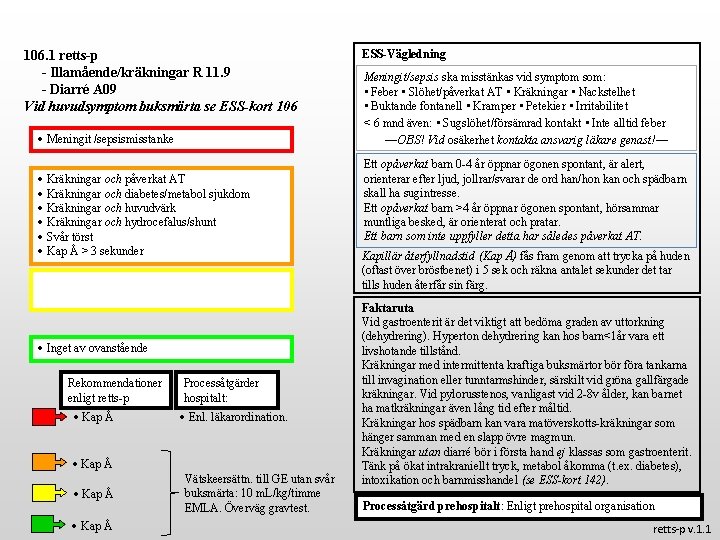 106. 1 retts-p - Illamående/kräkningar R 11. 9 - Diarré A 09 Vid huvudsymptom