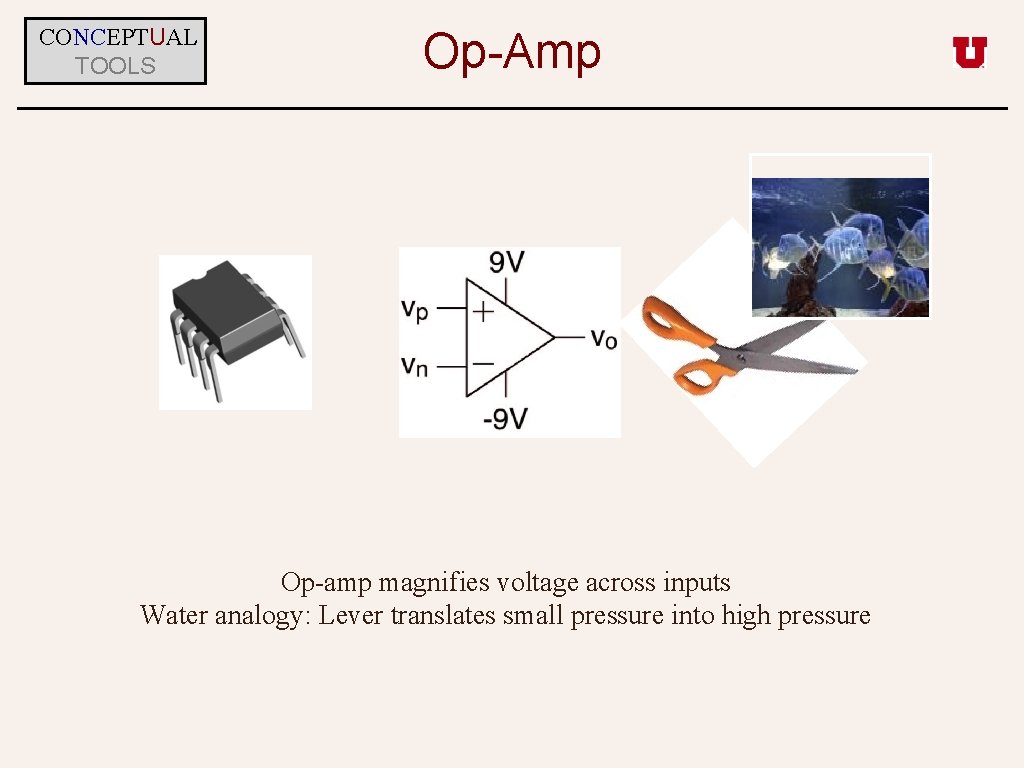 CONCEPTUAL TOOLS Op-Amp Op-amp magnifies voltage across inputs Water analogy: Lever translates small pressure