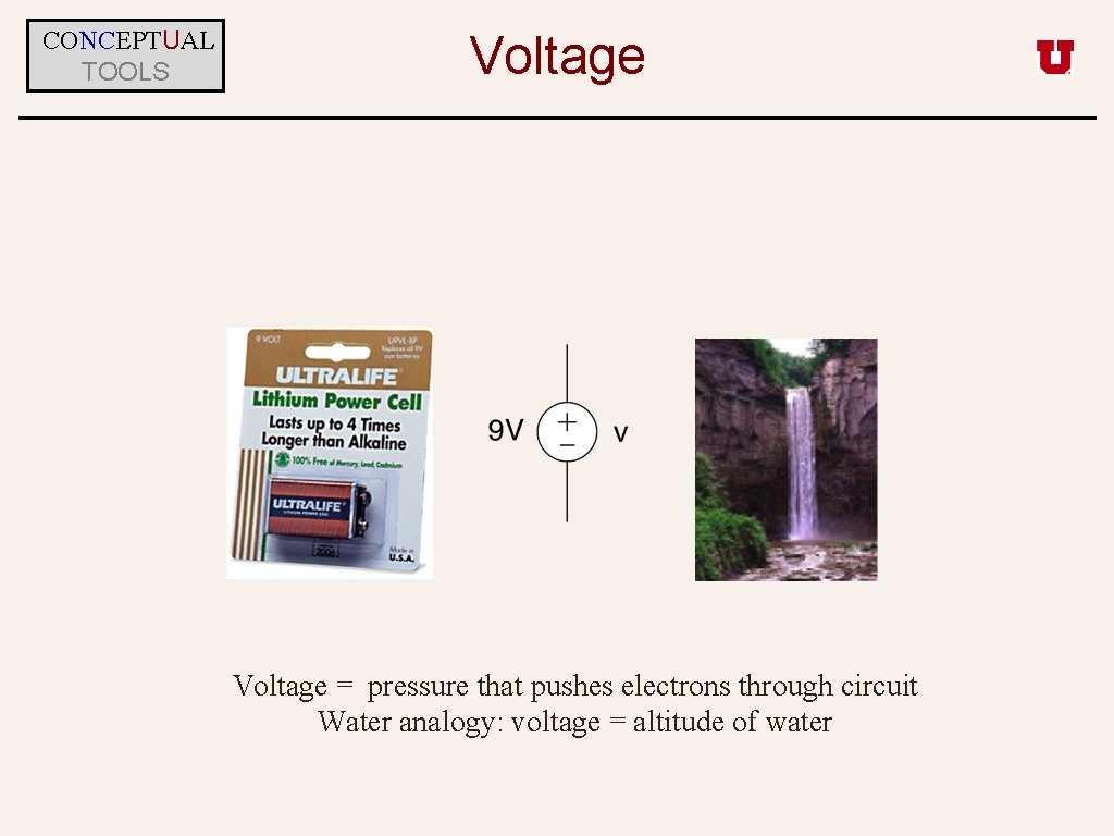 CONCEPTUAL TOOLS Voltage = pressure that pushes electrons through circuit Water analogy: voltage =