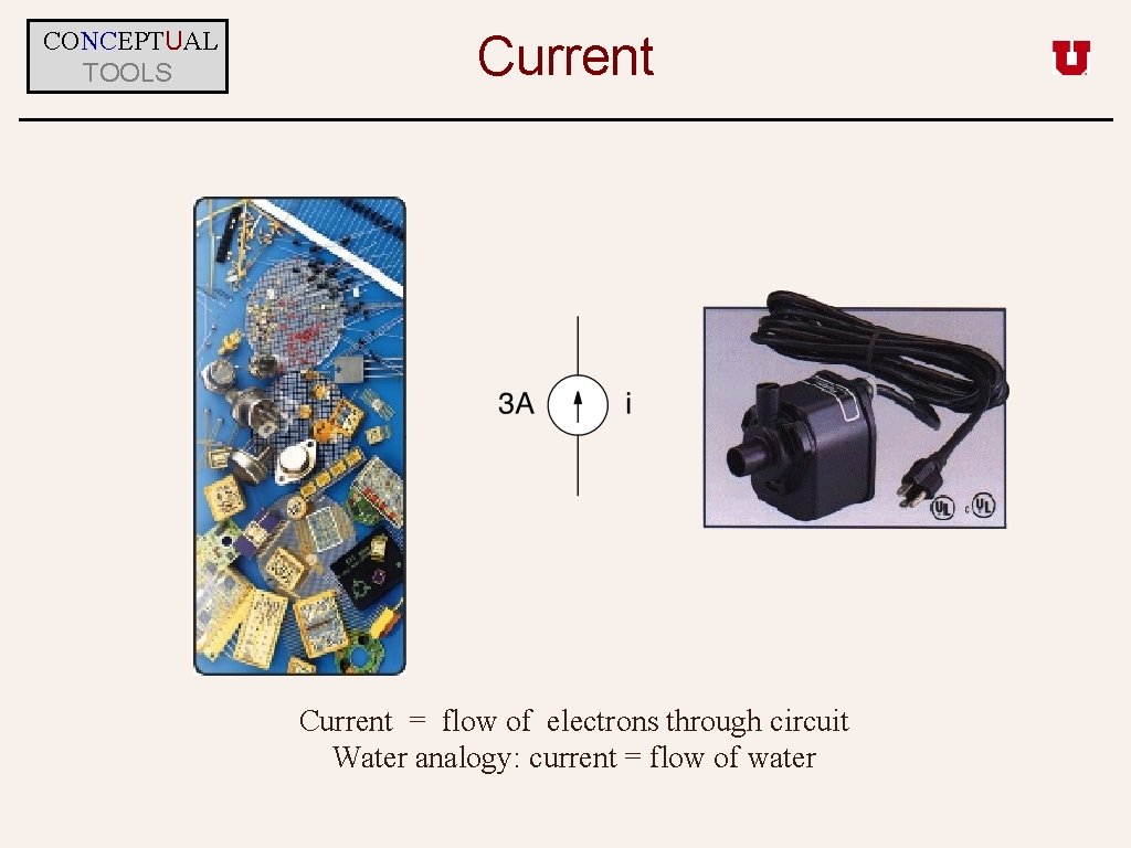 CONCEPTUAL TOOLS Current = flow of electrons through circuit Water analogy: current = flow