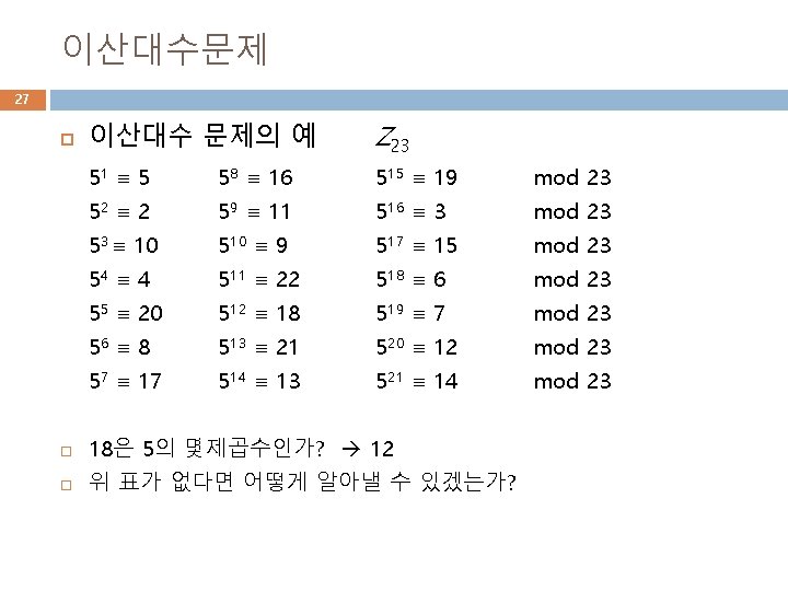 이산대수문제 27 이산대수 문제의 예 Z 23 51 5 58 16 515 19 mod