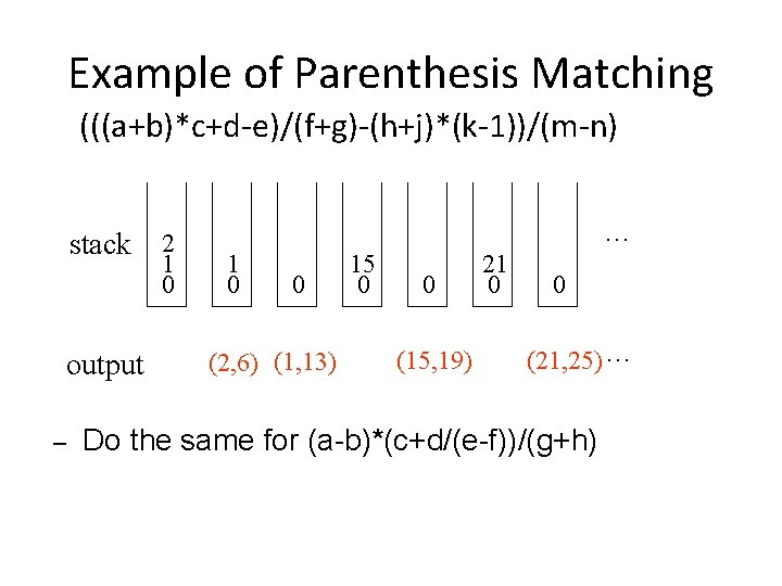 Example of Parenthesis Matching (((a+b)*c+d-e)/(f+g)-(h+j)*(k-1))/(m-n) stack 2 1 0 output – … 1 0