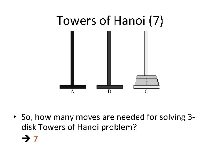 Towers of Hanoi (7) • So, how many moves are needed for solving 3