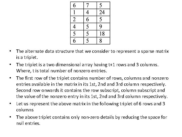  • The alternate data structure that we consider to represent a sparse matrix