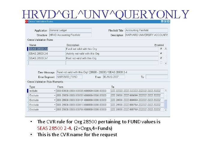 HRVD^GL^UNV^QUERYONLY • The CVR rule for Org 28500 pertaining to FUND values is SEAS