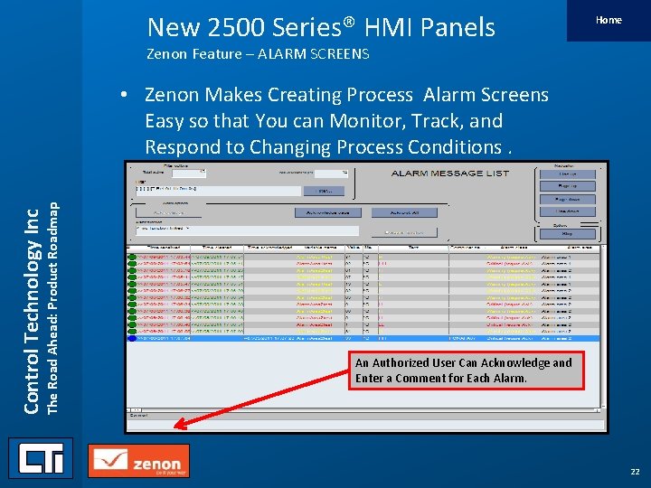 New 2500 Series® HMI Panels Home Zenon Feature – ALARM SCREENS Control Technology Inc