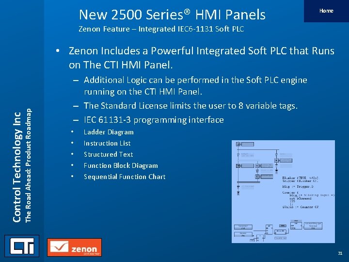 New 2500 Series® HMI Panels Home Zenon Feature – Integrated IEC 6 -1131 Soft