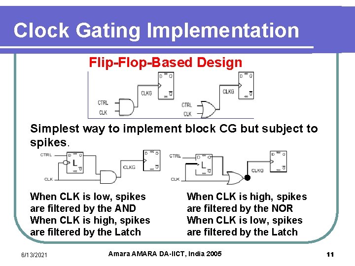 Clock Gating Implementation Flip-Flop-Based Design Simplest way to implement block CG but subject to