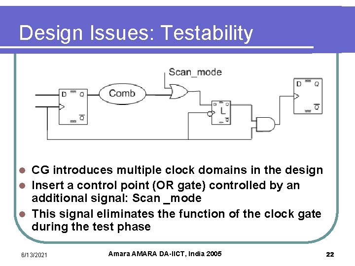 Design Issues: Testability CG introduces multiple clock domains in the design l Insert a