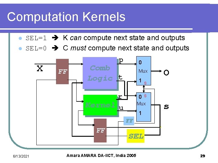 Computation Kernels l l SEL=1 K can compute next state and outputs SEL=0 C