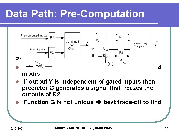 Data Path: Pre-Computation Principle: l Partition the inputs into pre-computed and gated inputs l