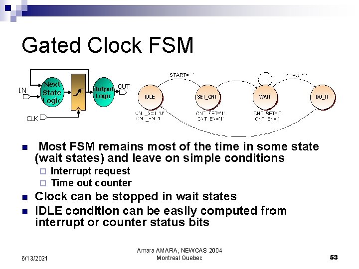 Gated Clock FSM Next State Logic IN Output OUT Logic CLK n Most FSM