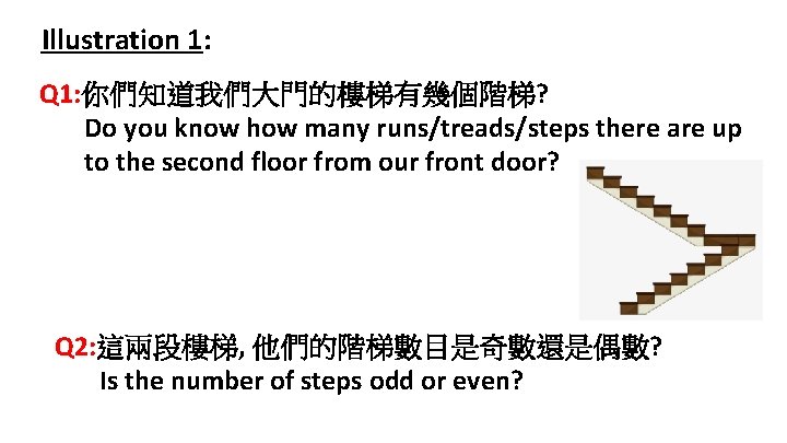 Illustration 1: Q 1: 你們知道我們大門的樓梯有幾個階梯? Do you know how many runs/treads/steps there are up