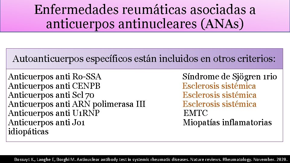 Enfermedades reumáticas asociadas a anticuerpos antinucleares (ANAs) Autoanticuerpos específicos están incluidos en otros criterios: