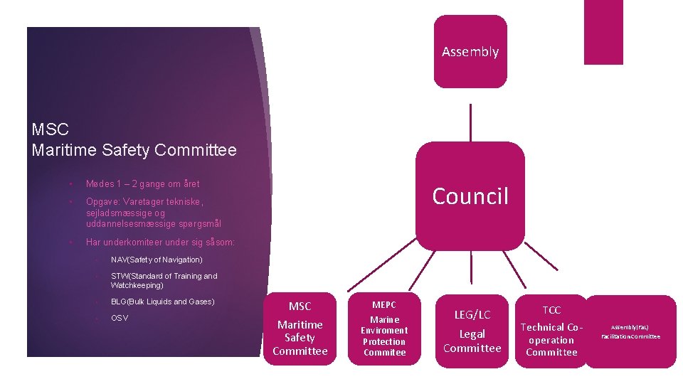 Assembly MSC Maritime Safety Committee • Mødes 1 – 2 gange om året • Assembly MSC Maritime Safety Committee • Mødes 1 – 2 gange om året •