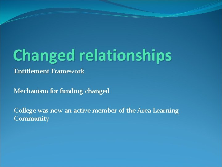 Changed relationships Entitlement Framework Mechanism for funding changed College was now an active member