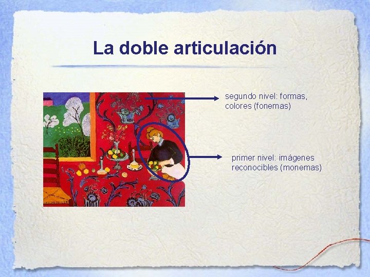 La doble articulación segundo nivel: formas, colores (fonemas) primer nivel: imágenes reconocibles (monemas) 