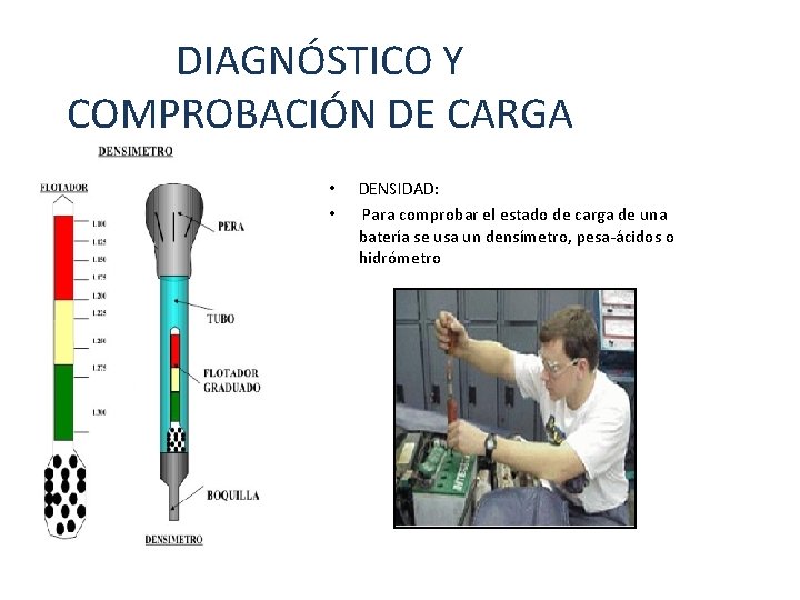 DIAGNÓSTICO Y COMPROBACIÓN DE CARGA • • DENSIDAD: Para comprobar el estado de carga