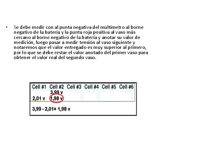  • Se debe medir con al punta negativa del multímetro al borne negativo