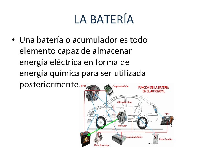 LA BATERÍA • Una batería o acumulador es todo elemento capaz de almacenar energía