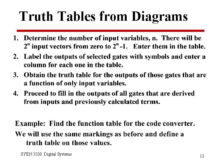 Truth Tables from Diagrams SYEN 3330 Digital Systems 12 