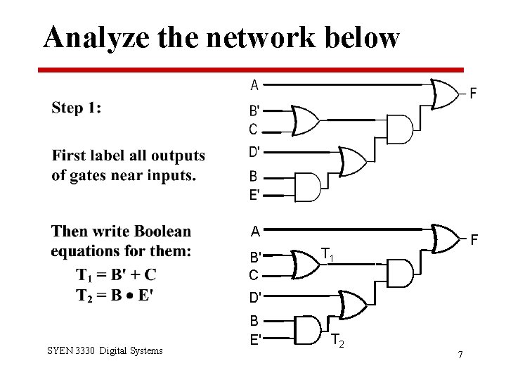 Analyze the network below A B' C F T 1 D' SYEN 3330 Digital