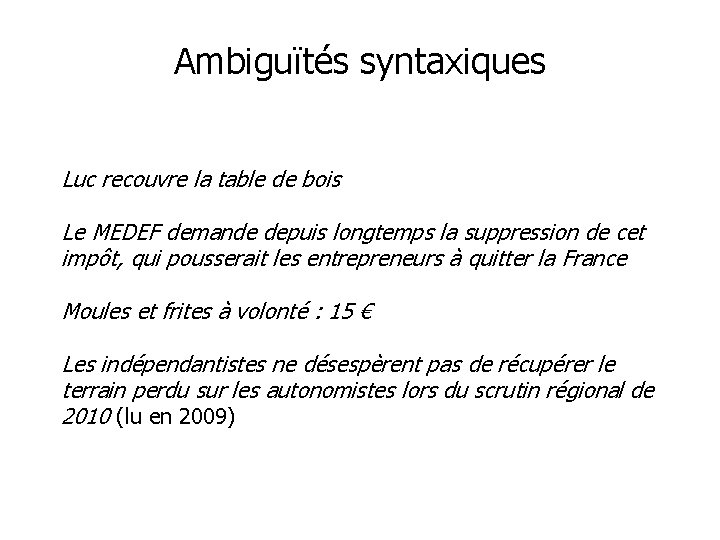 Ambiguïtés syntaxiques Luc recouvre la table de bois Le MEDEF demande depuis longtemps la