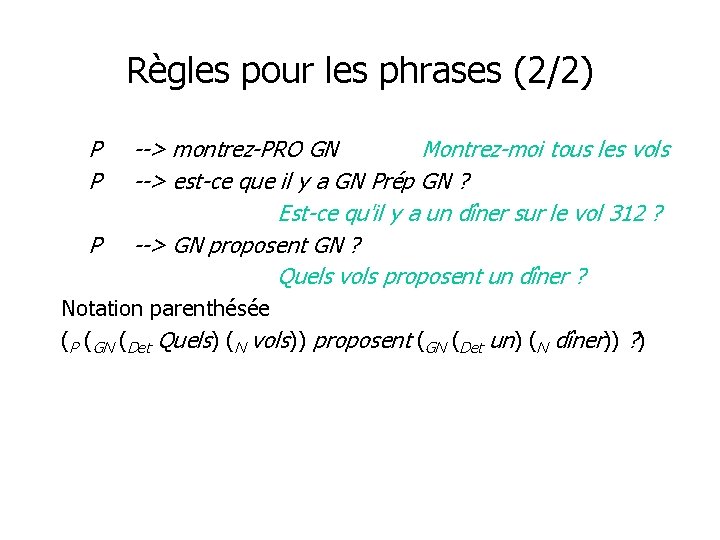 Règles pour les phrases (2/2) P P P --> montrez-PRO GN Montrez-moi tous les